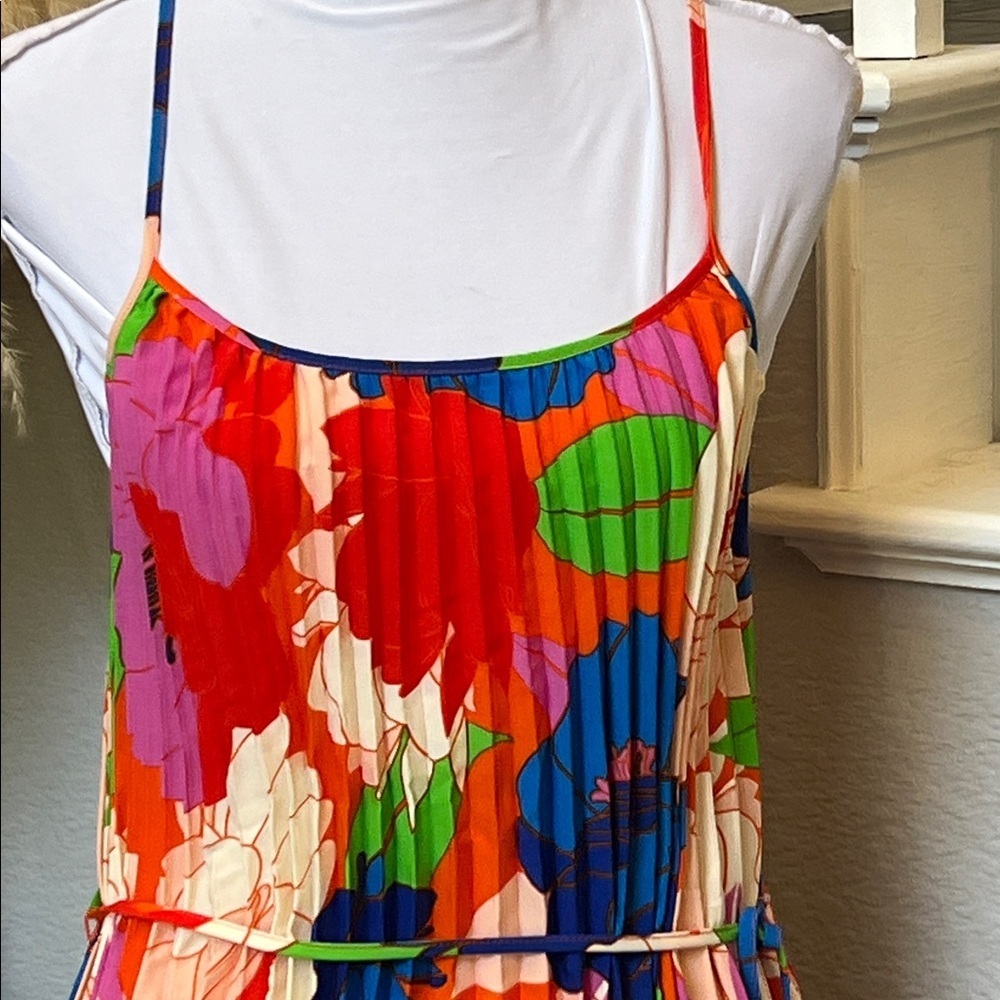 Sam Edelman Plisse Dress Retro Floral Colorful Floral Dress Size Large - Picture 4 of 10